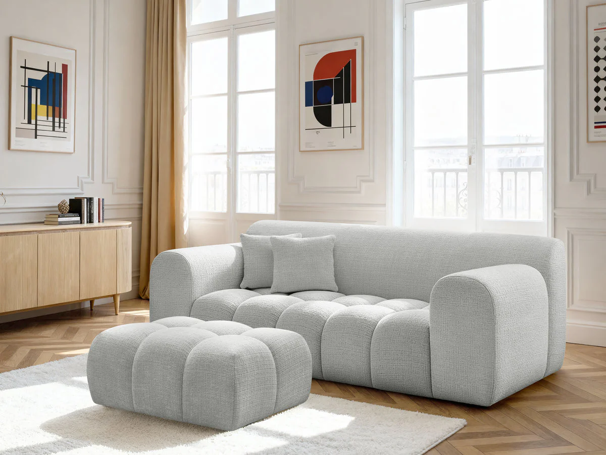 Canapé droit fixe 2 places MELISSE tissu texturé avec pouf - Image 13
