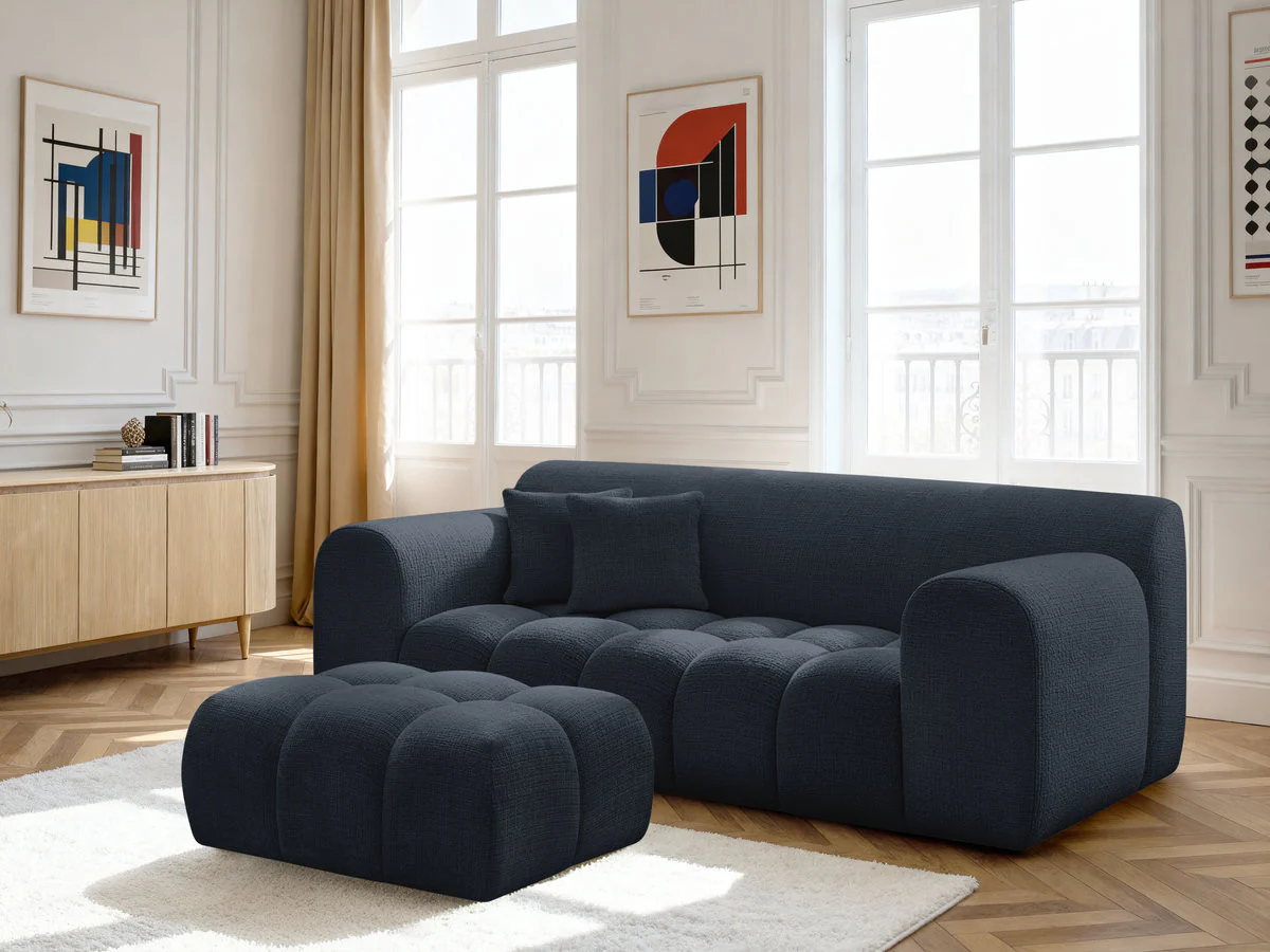 Canapé droit fixe 2 places MELISSE tissu texturé avec pouf - Image 14