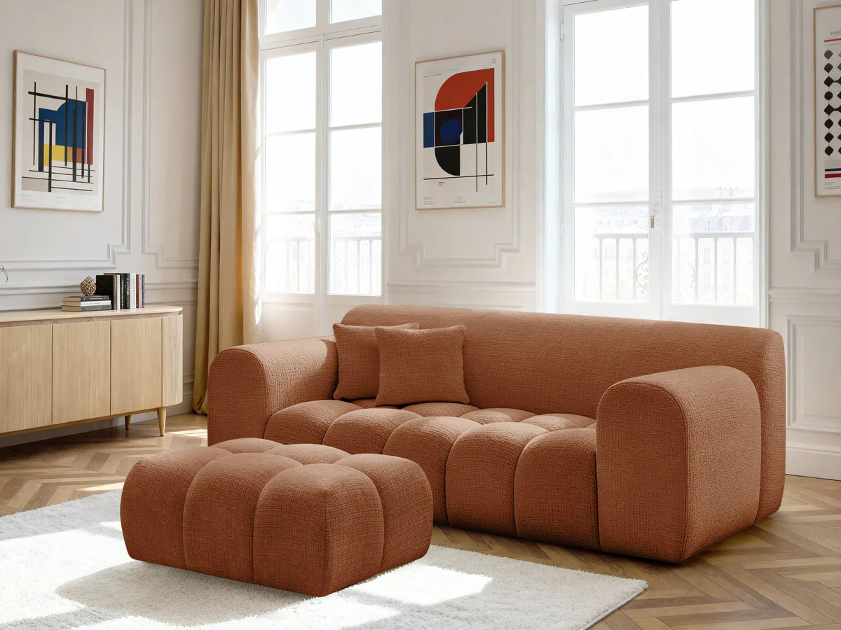 Canapé droit fixe 2 places MELISSE tissu texturé avec pouf - Image 15