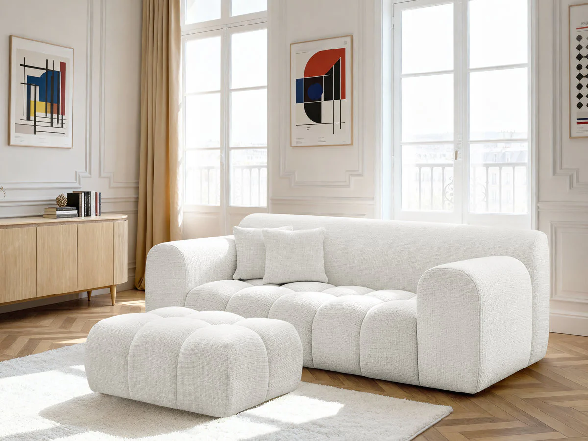 Canapé droit fixe 2 places MELISSE tissu texturé avec pouf - Image 17