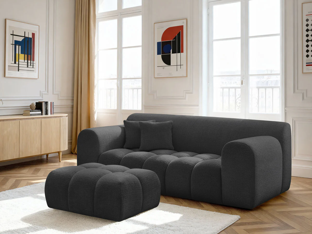 Canapé droit fixe 2 places MELISSE tissu texturé avec pouf - Image 3