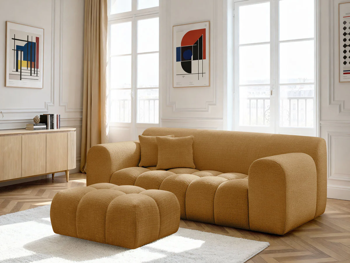 Canapé droit fixe 2 places MELISSE tissu texturé avec pouf - Image 7