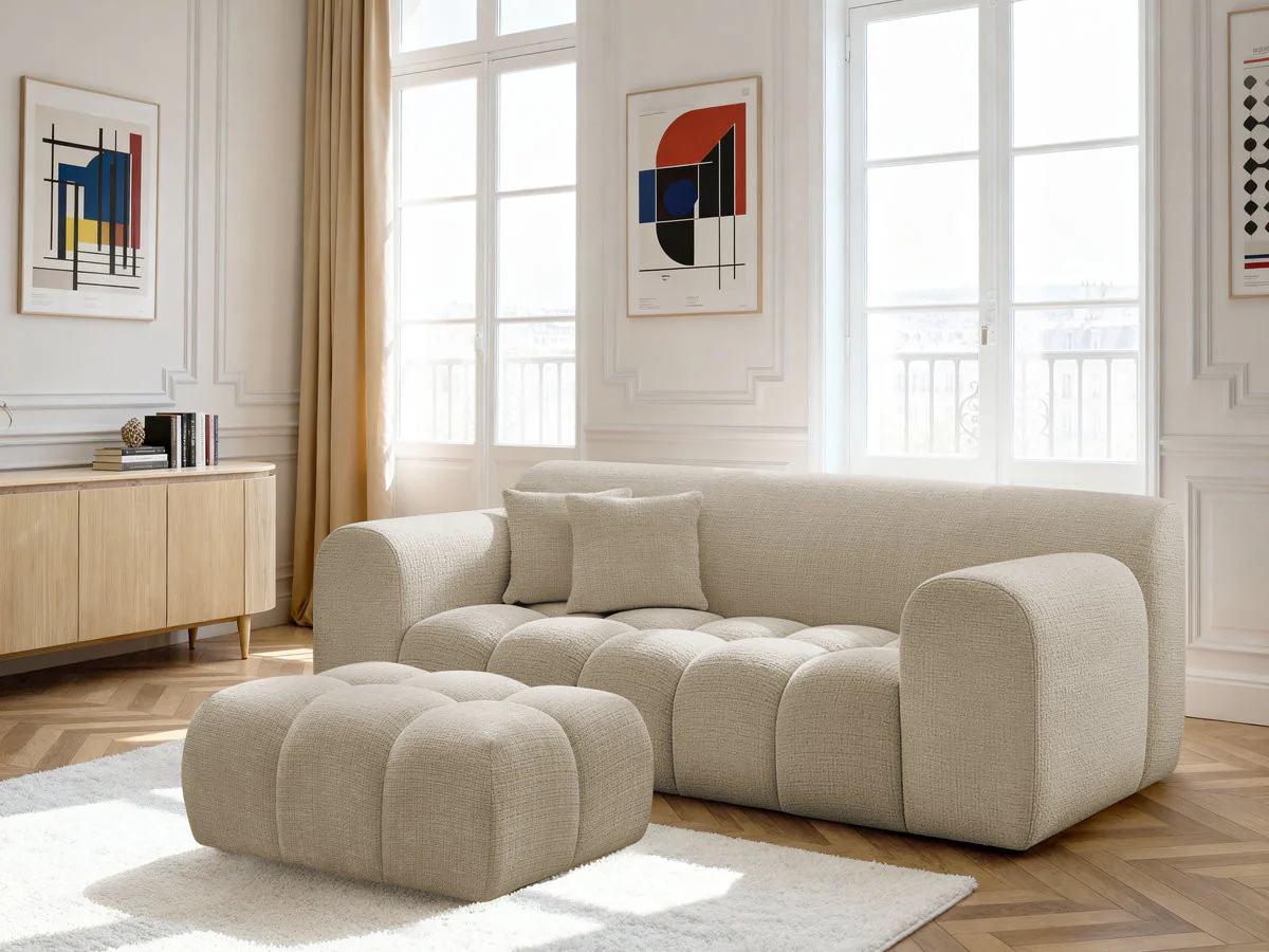 Canapé droit fixe 2 places MELISSE tissu texturé avec pouf - Image 9