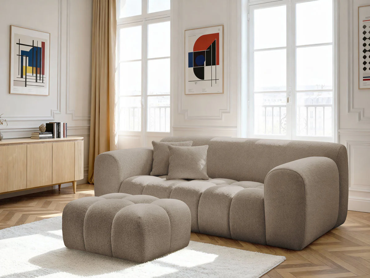 Canapé droit fixe 2 places MELISSE tissu chiné avec pouf - Image 10