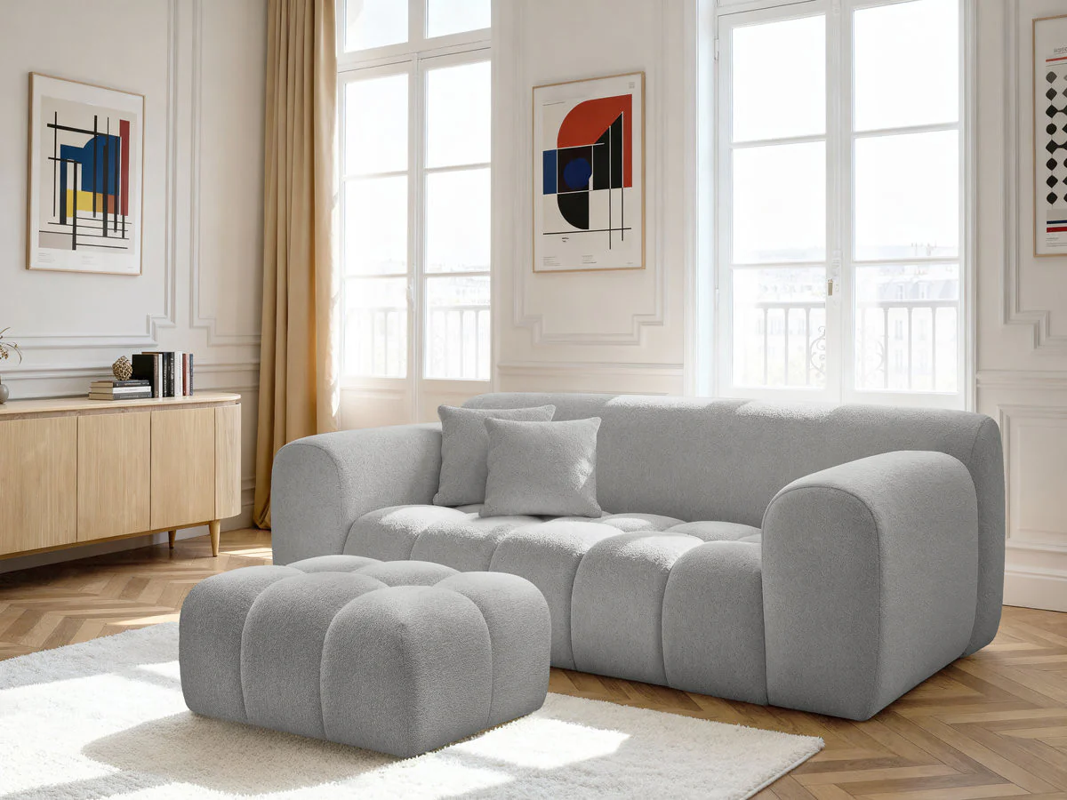 Canapé droit fixe 2 places MELISSE tissu chiné avec pouf - Image 13