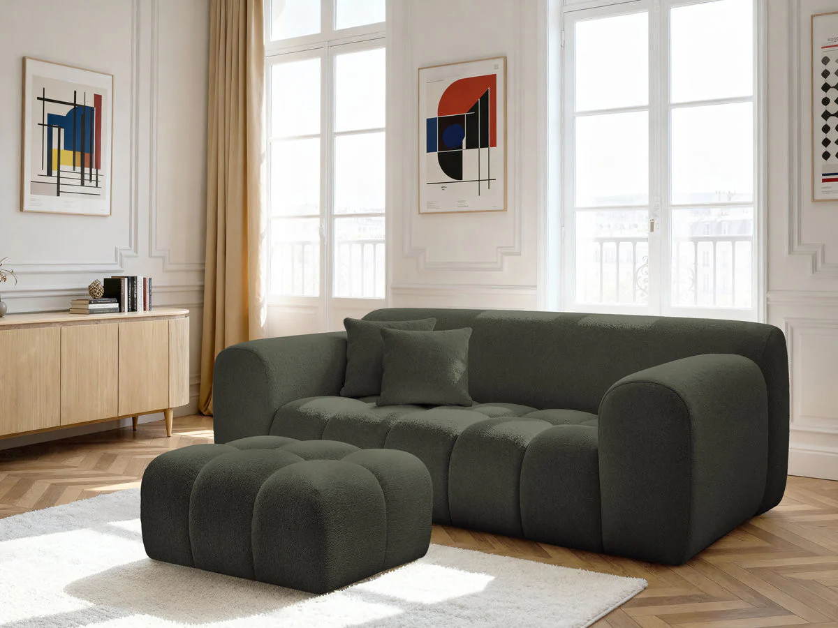 Canapé droit fixe 2 places MELISSE tissu chiné avec pouf - Image 17