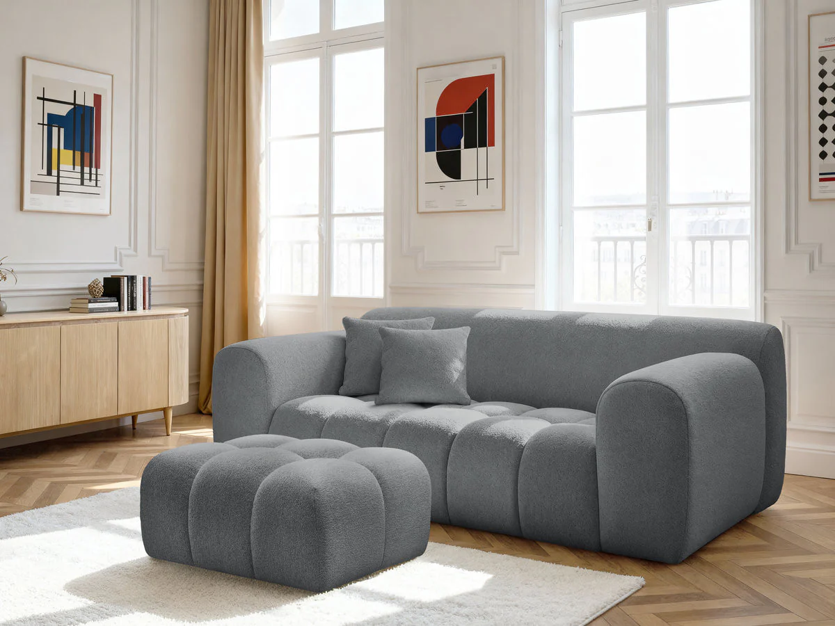 Canapé droit fixe 2 places MELISSE tissu chiné avec pouf - Image 3