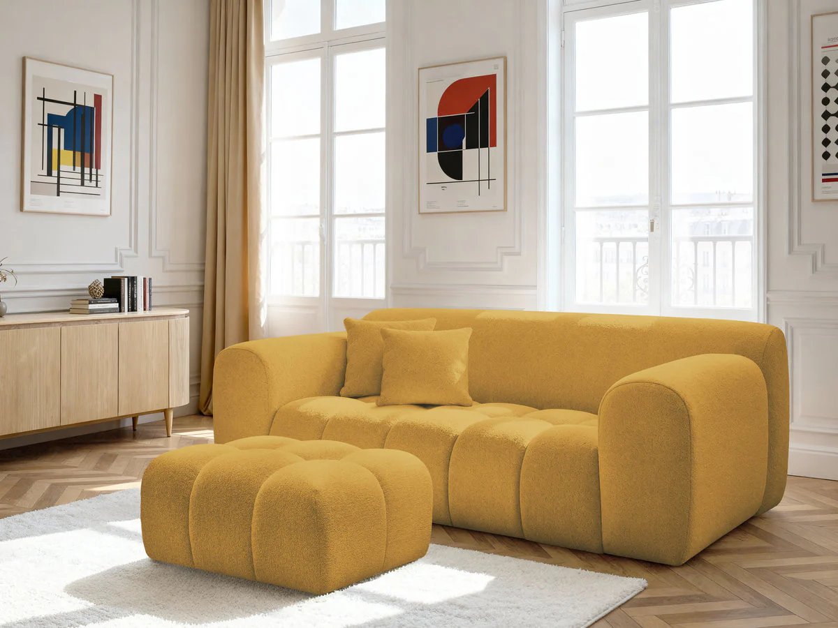 Canapé droit fixe 2 places MELISSE tissu chiné avec pouf - Image 7