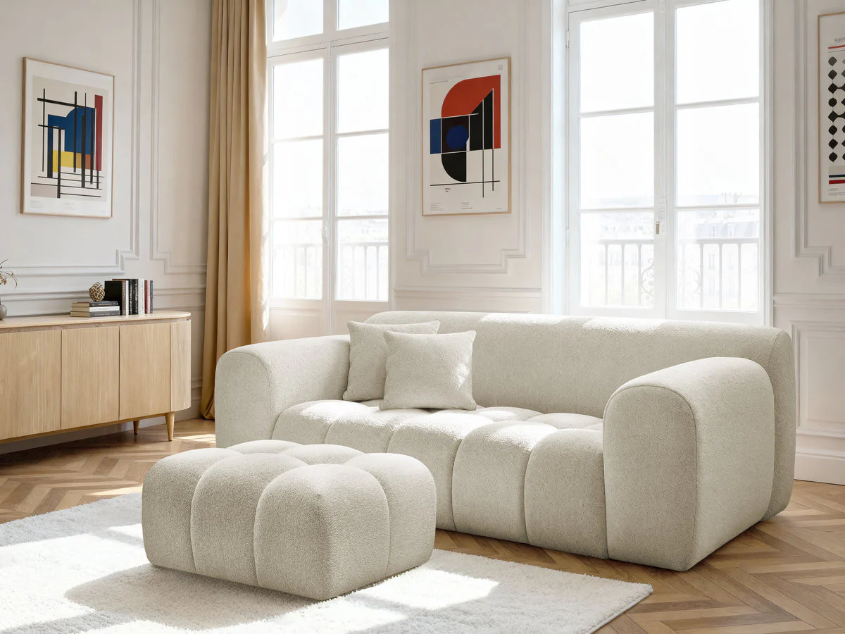 Canapé droit fixe 2 places MELISSE tissu chiné avec pouf - Image 9