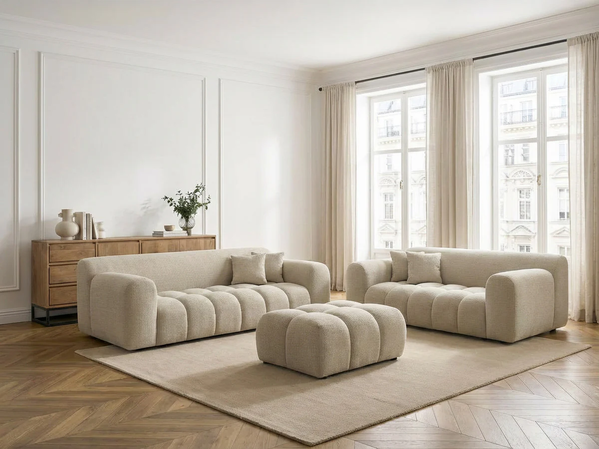 Ensemble canapé droit fixe 3 + 2 places MELISSE tissu texturé avec pouf - Image 10