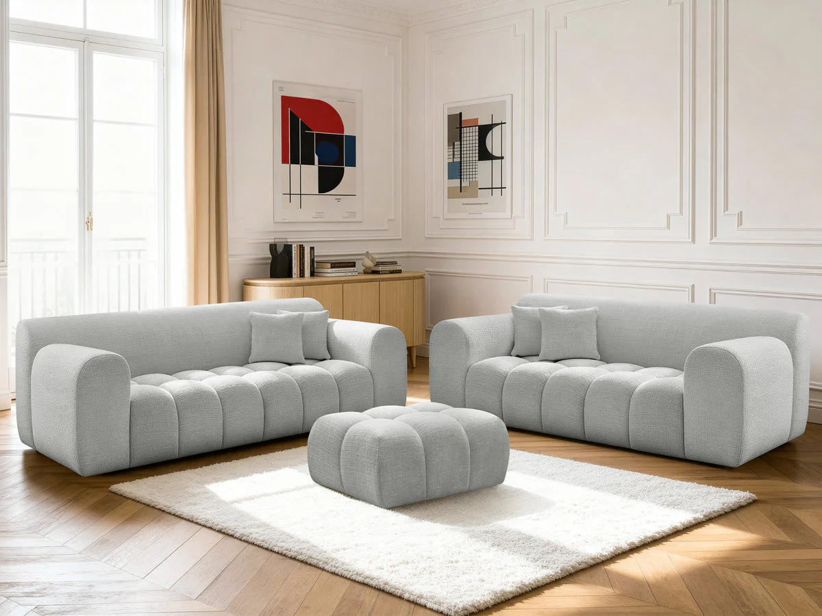 Ensemble canapé droit fixe 3 + 2 places MELISSE tissu texturé avec pouf - Image 13