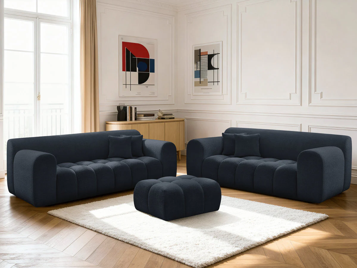 Ensemble canapé droit fixe 3 + 2 places MELISSE tissu texturé avec pouf - Image 14