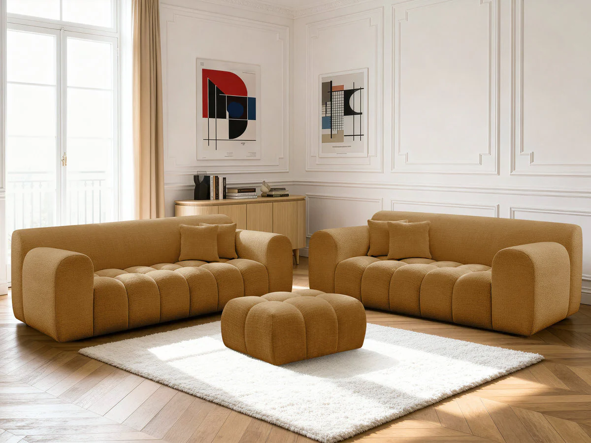 Ensemble canapé droit fixe 3 + 2 places MELISSE tissu texturé avec pouf - Image 16
