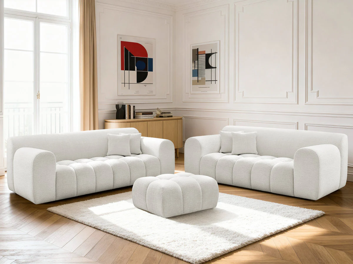 Ensemble canapé droit fixe 3 + 2 places MELISSE tissu texturé avec pouf - Image 18