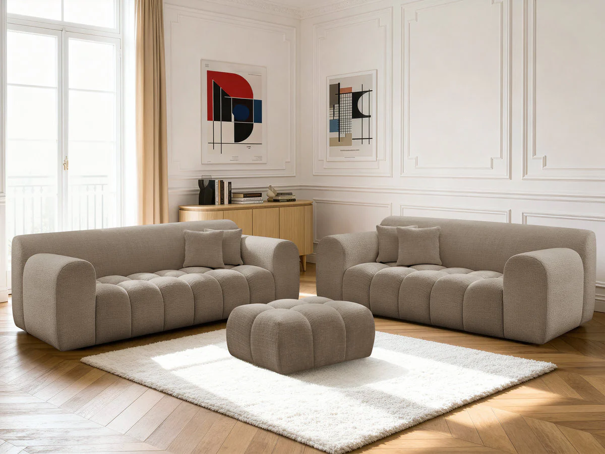 Ensemble canapé droit fixe 3 + 2 places MELISSE tissu texturé avec pouf - Image 2