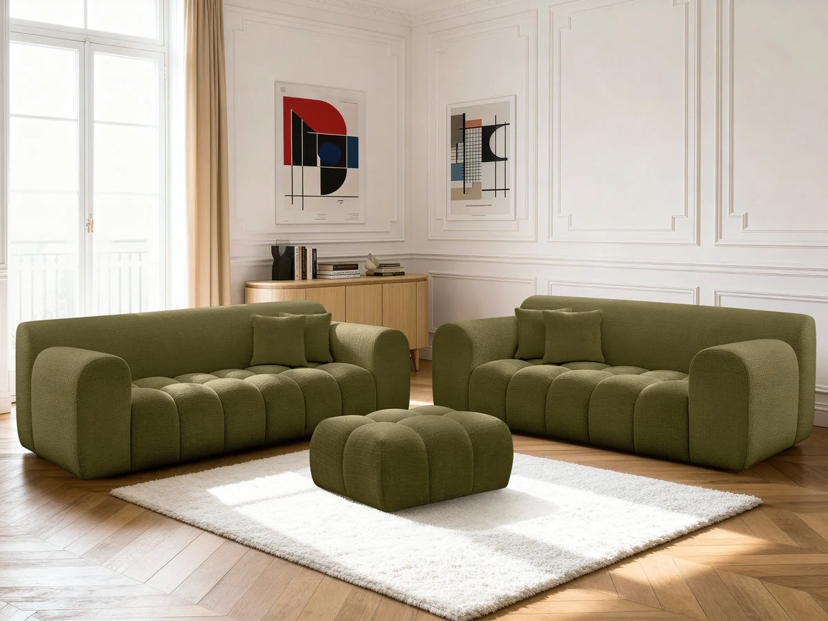 Ensemble canapé droit fixe 3 + 2 places MELISSE tissu texturé avec pouf - Image 8