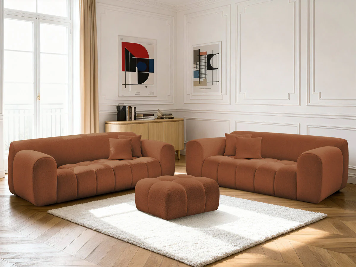 Ensemble canapé droit fixe 3 + 2 places MELISSE tissu chiné avec pouf - Image 6