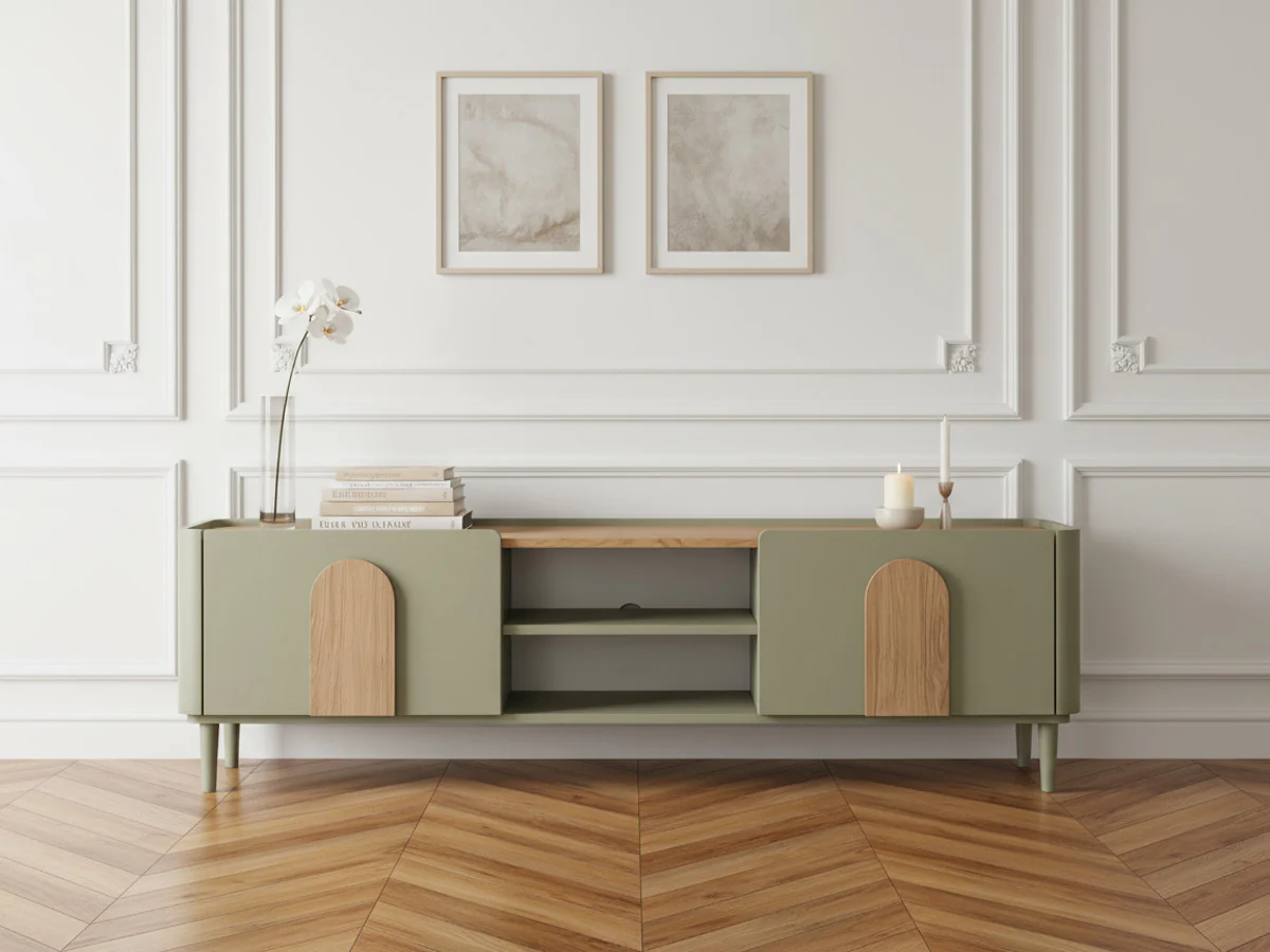 Meuble TV 1 porte 1 tiroir 170 cm ENYRA pieds en bois massif - Image 4