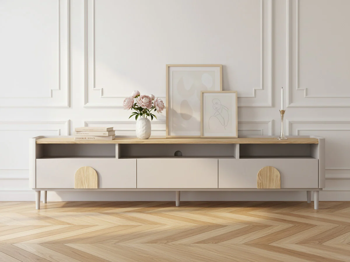 Meuble TV 1 porte 2 tiroirs 200 cm ENYRA pieds en bois massif - Image 3