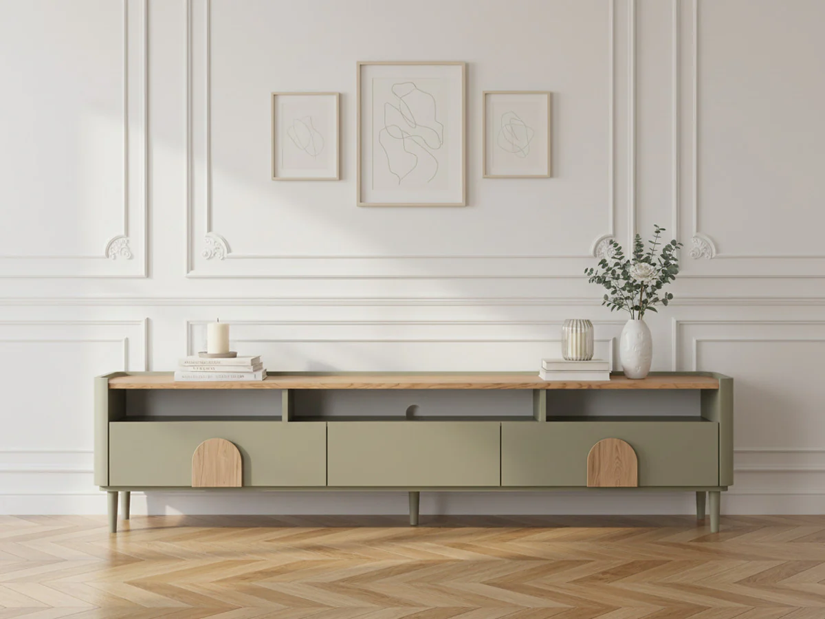 Meuble TV 1 porte 2 tiroirs 200 cm ENYRA pieds en bois massif - Image 4