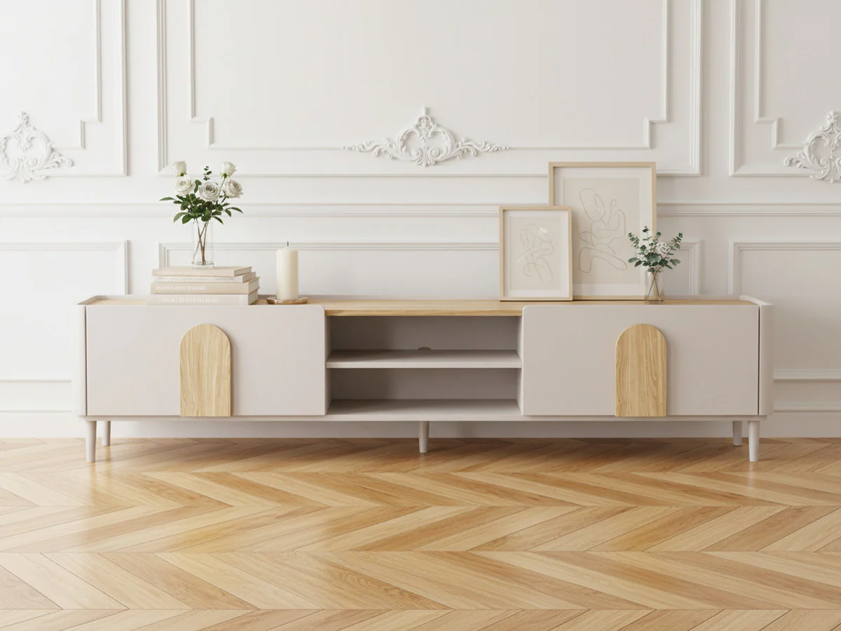 Meuble TV 1 porte 1 tiroir 220 cm ENYRA pieds en bois massif - Image 3