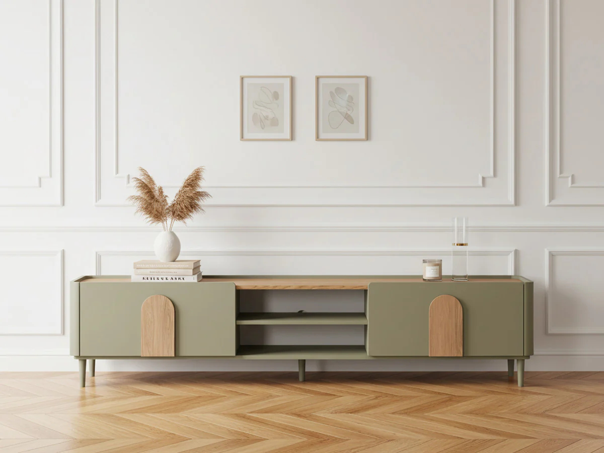 Meuble TV 1 porte 1 tiroir 220 cm ENYRA pieds en bois massif - Image 4