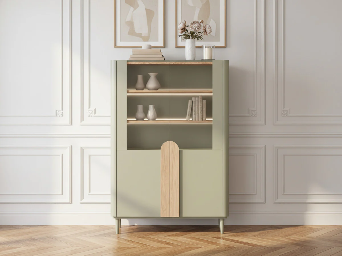 Meuble vitrine 2 portes H. 150 cm ENYRA pieds en bois massif - Image 3