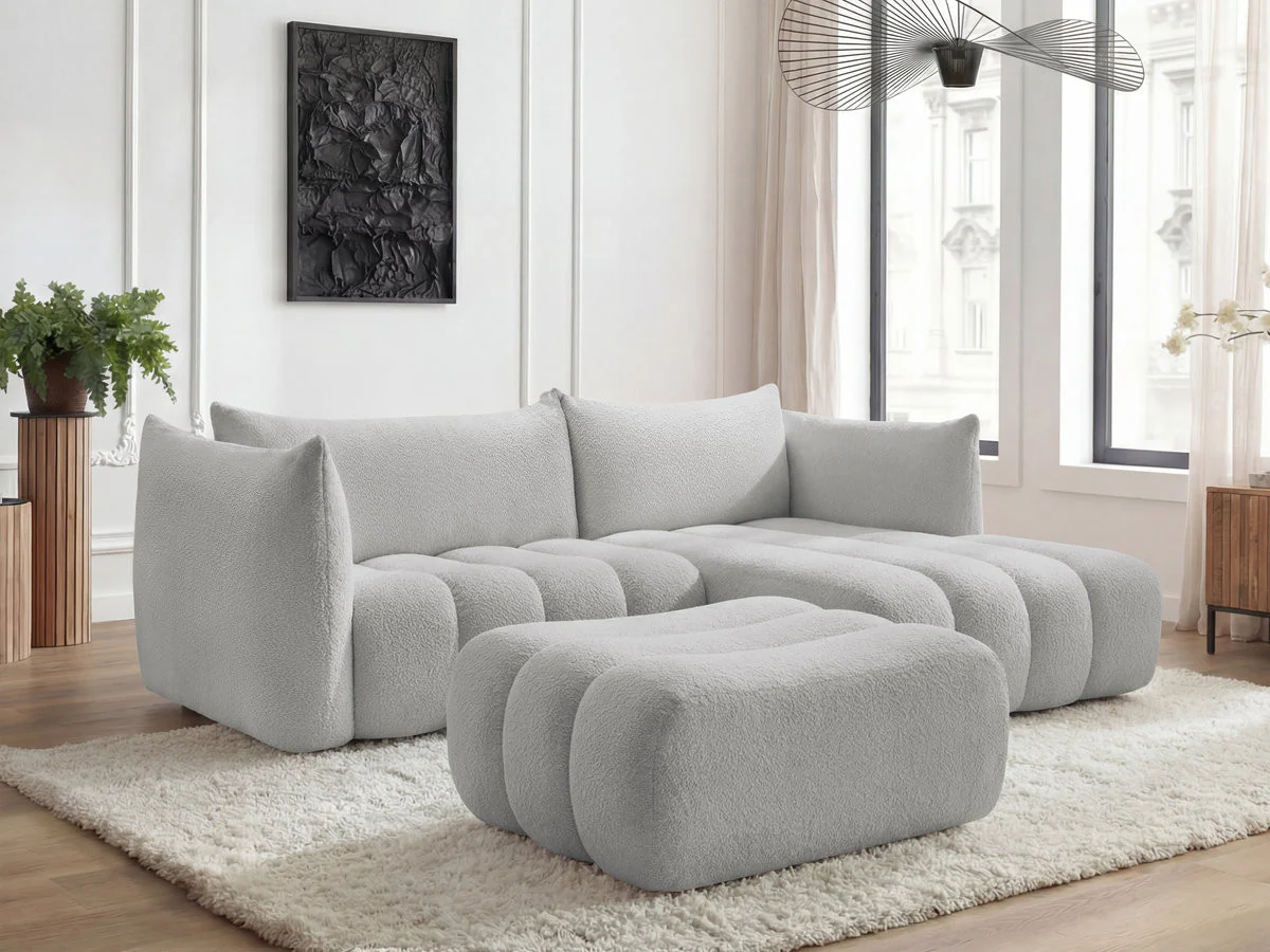 Canapé d'angle fixe AZRA tissu bouclette avec pouf - Image 15