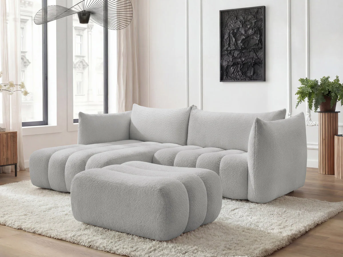 Canapé d'angle fixe AZRA tissu bouclette avec pouf - Image 16