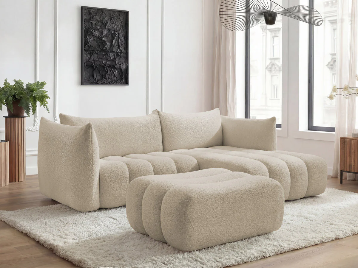 Canapé d'angle fixe AZRA tissu bouclette avec pouf - Image 21