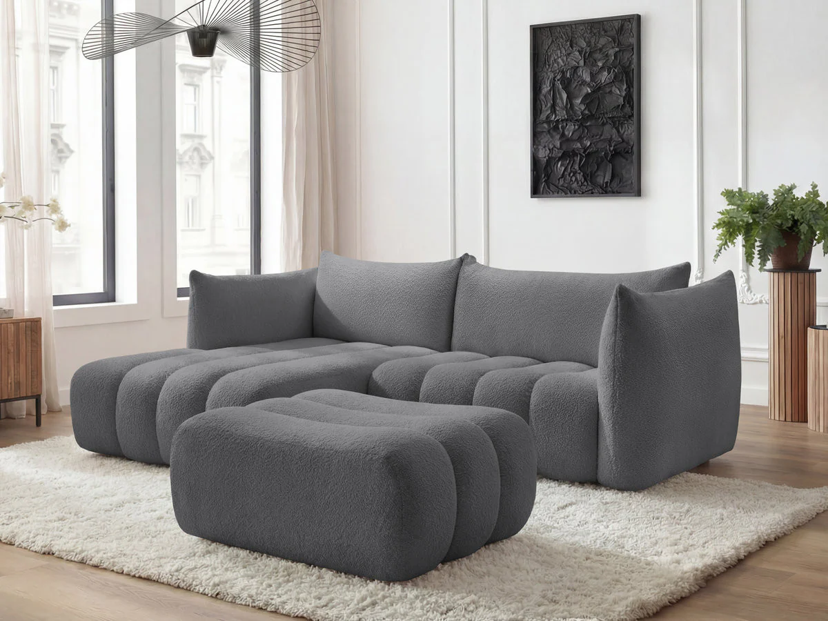 Canapé d'angle fixe AZRA tissu bouclette avec pouf - Image 36