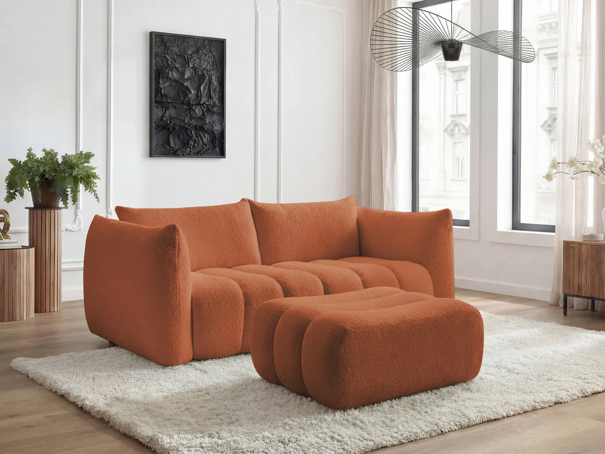 Canapé droit fixe 3 places AZRA tissu bouclette avec pouf - Image 13