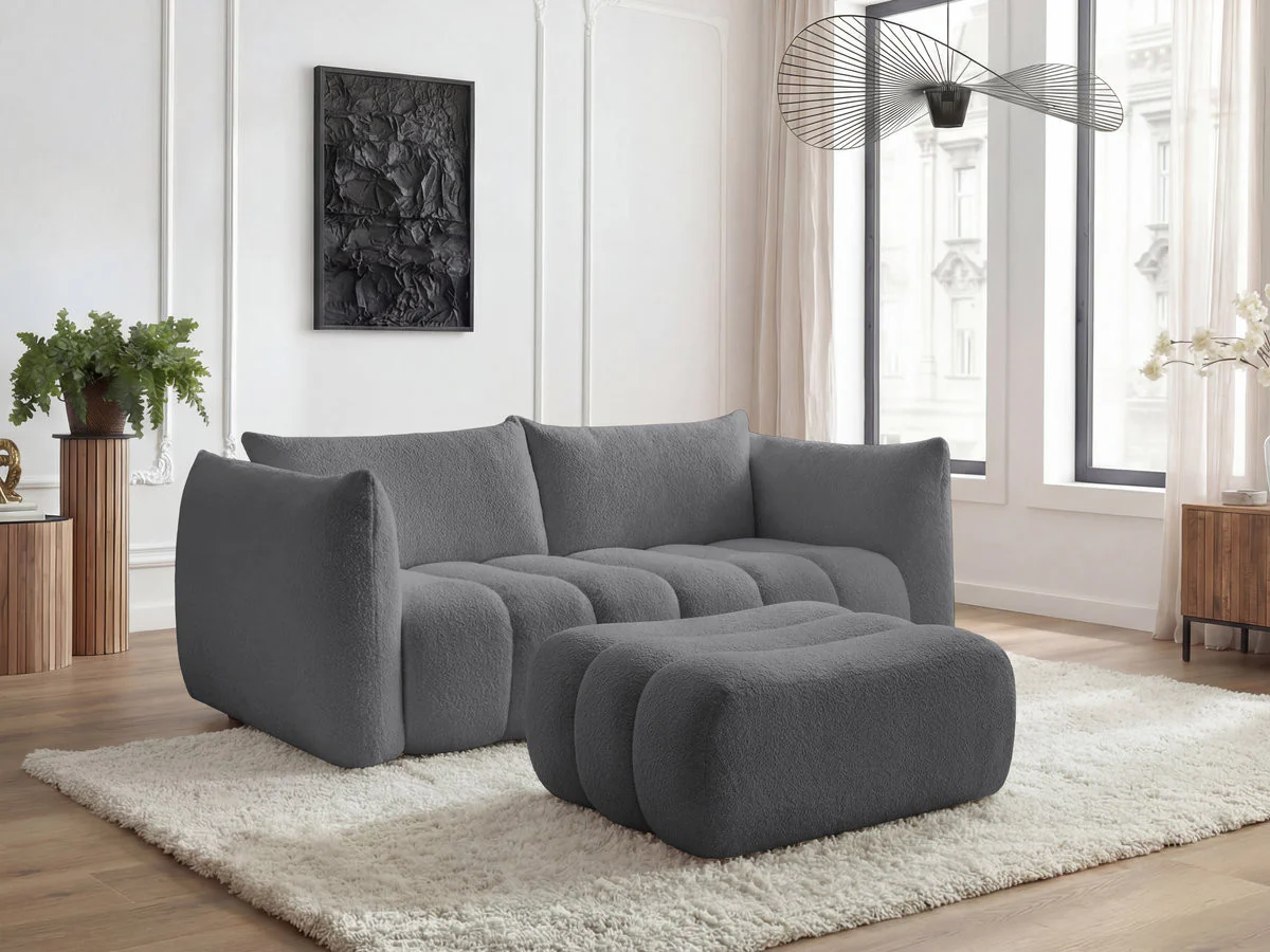 Canapé droit fixe 3 places AZRA tissu bouclette avec pouf - Image 18