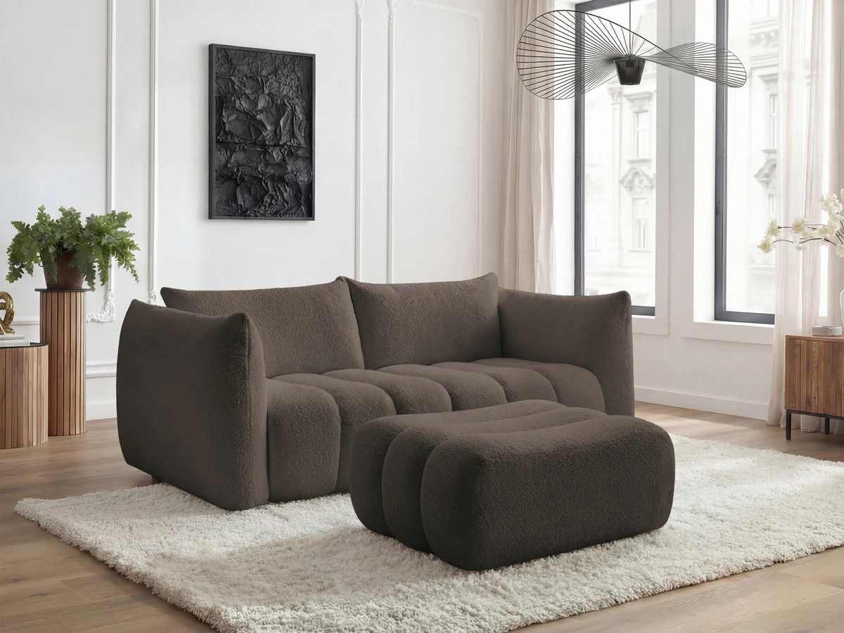 Canapé droit fixe 3 places AZRA tissu bouclette avec pouf - Image 3