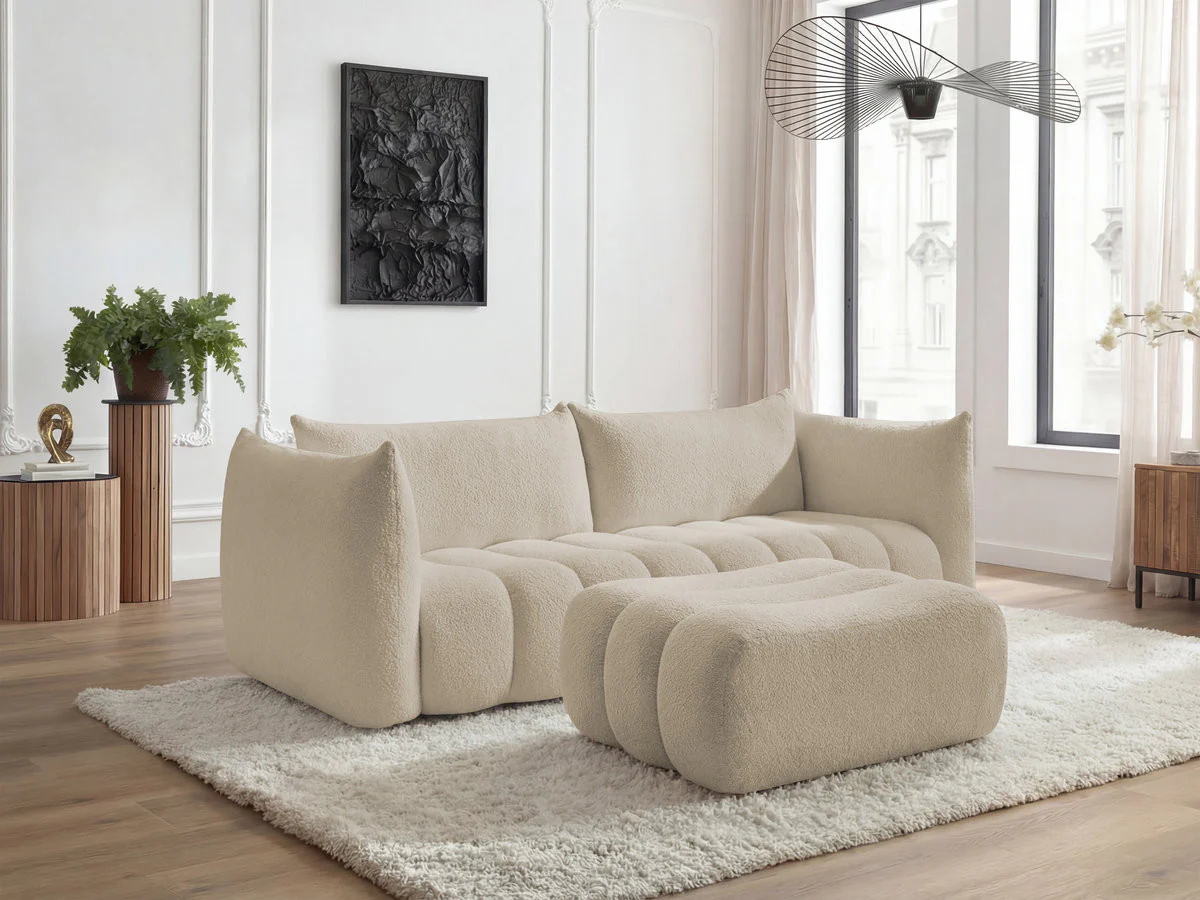 Canapé droit fixe 4 places AZRA tissu bouclette avec pouf - Image 10