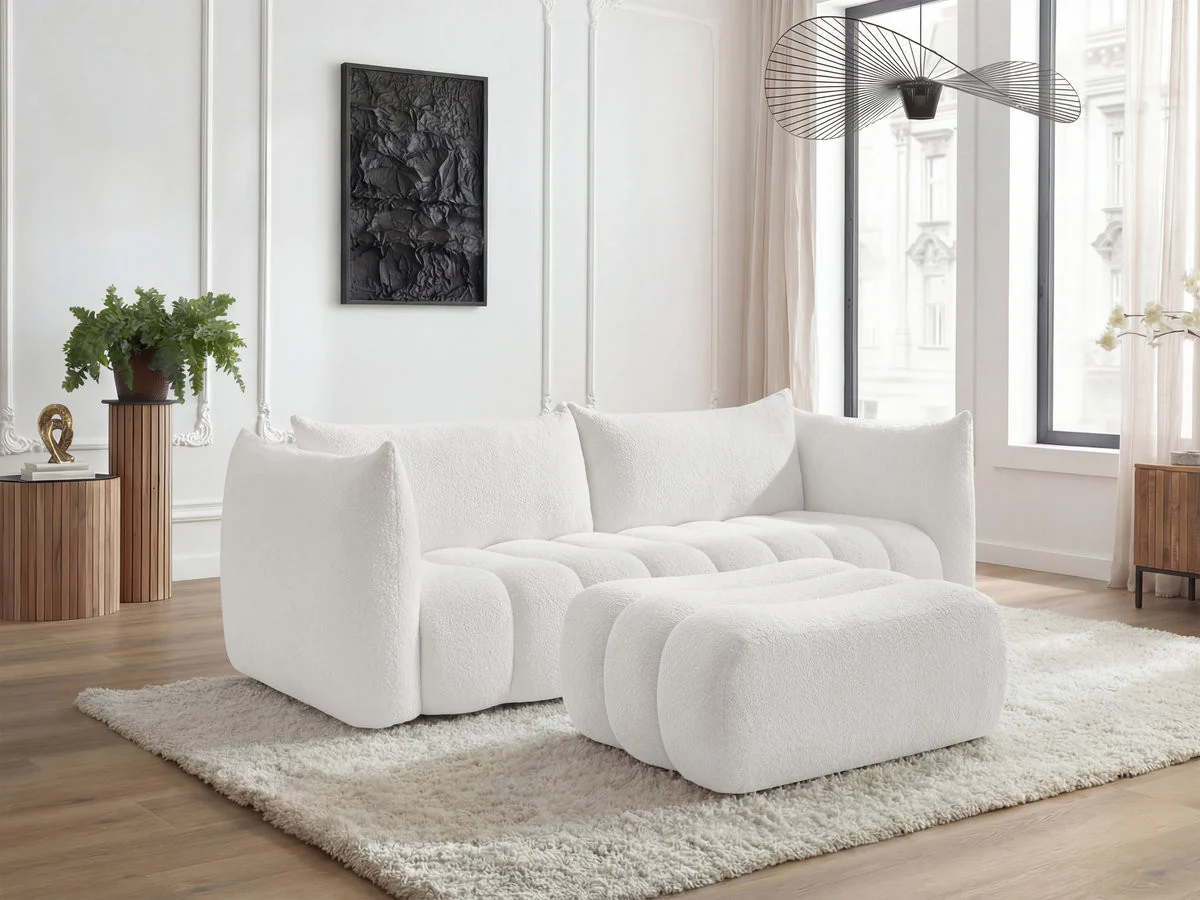 Canapé droit fixe 4 places AZRA tissu bouclette avec pouf - Image 11