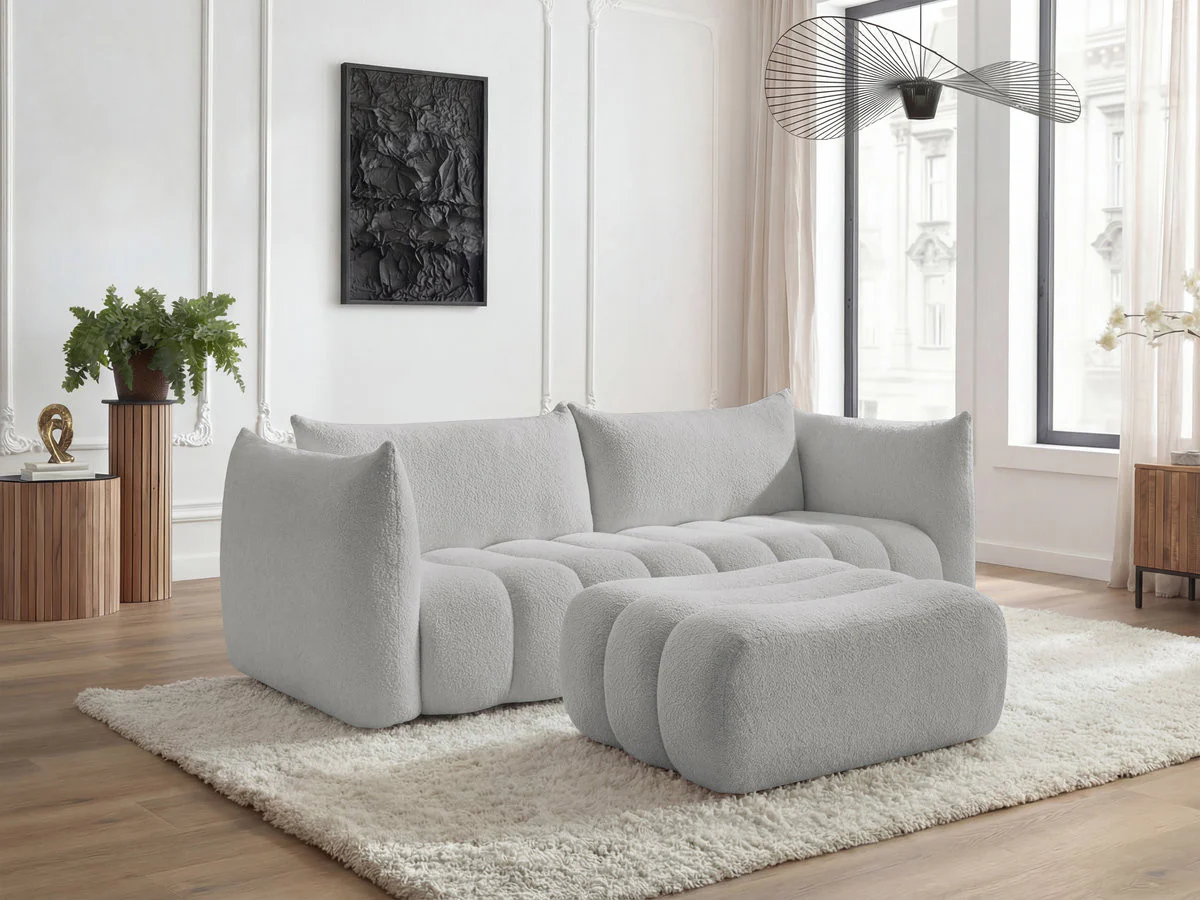 Canapé droit fixe 4 places AZRA tissu bouclette avec pouf - Image 17