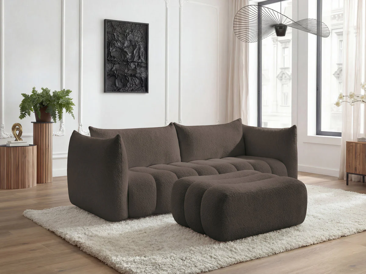 Canapé droit fixe 4 places AZRA tissu bouclette avec pouf - Image 3