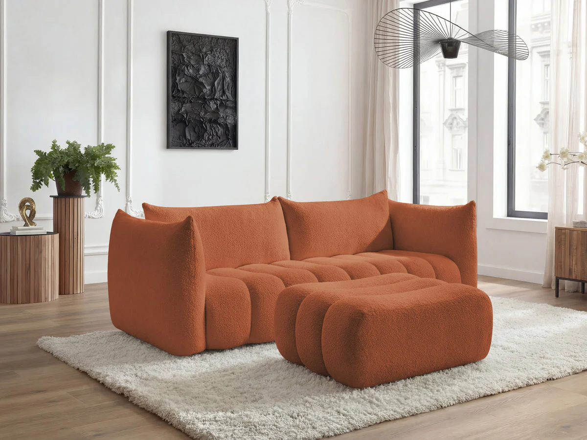 Canapé droit fixe 4 places AZRA tissu bouclette avec pouf - Image 4