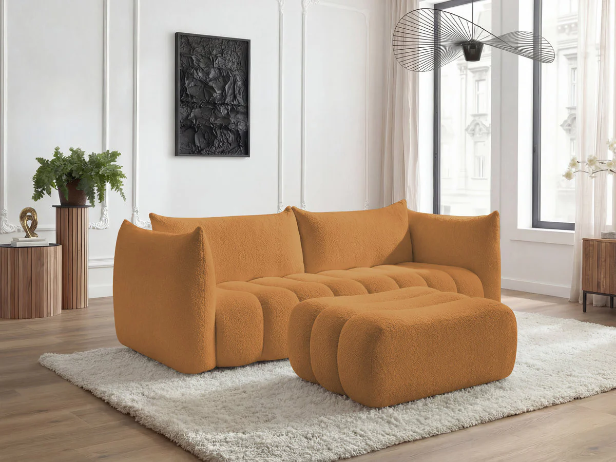 Canapé droit fixe 4 places AZRA tissu bouclette avec pouf - Image 5