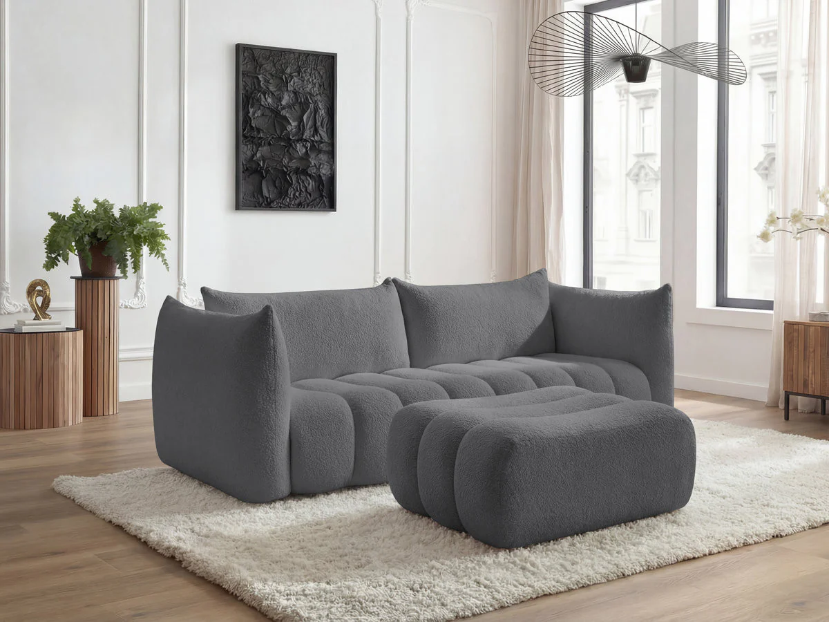 Canapé droit fixe 4 places AZRA tissu bouclette avec pouf - Image 9