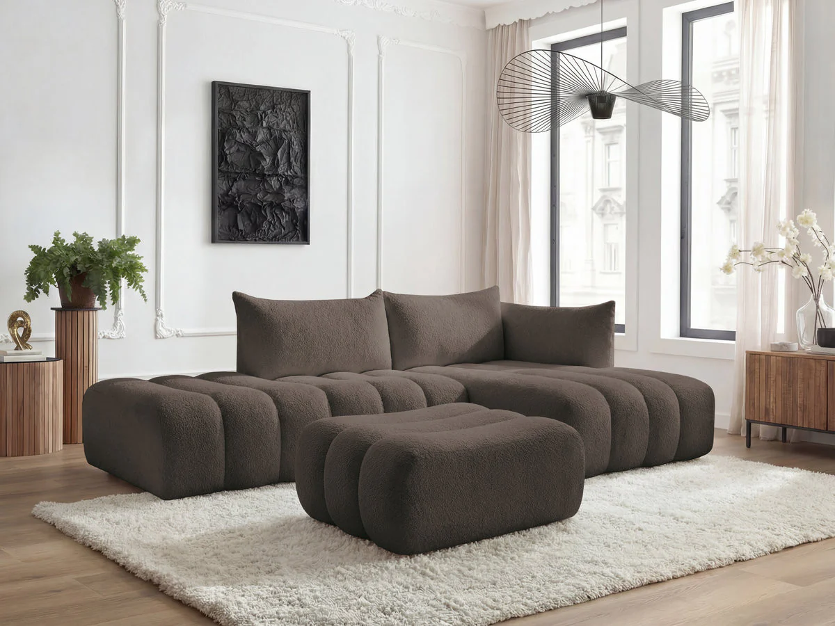 Canapé d'angle fixe modulable AZRA tissu bouclette avec pouf