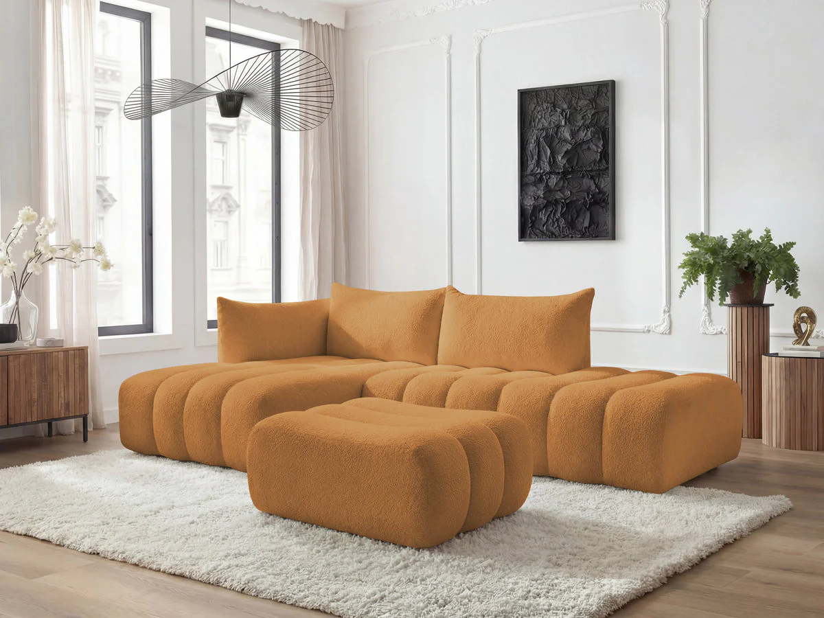 Canapé d'angle fixe modulable AZRA tissu bouclette avec pouf - Image 10
