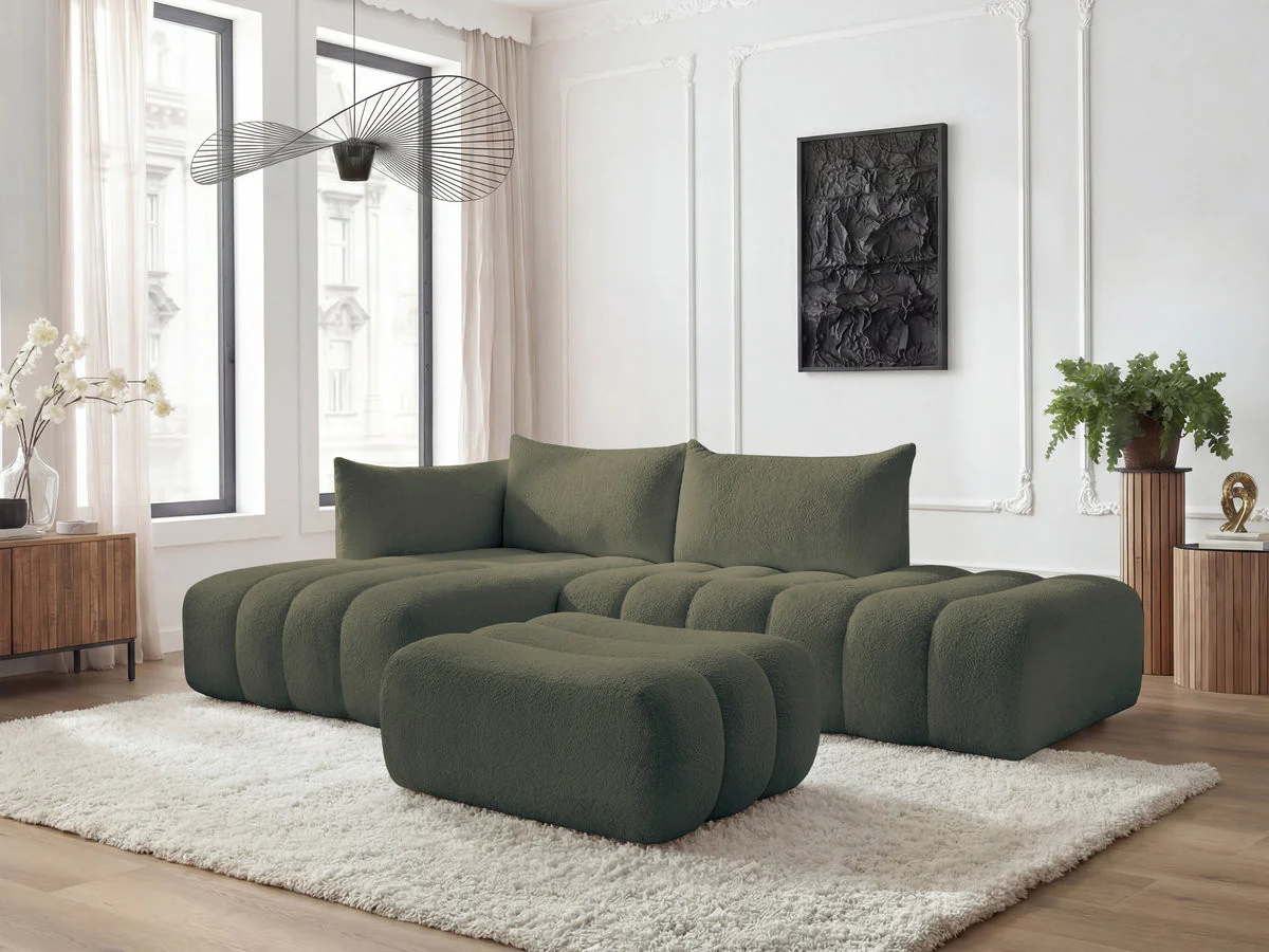 Canapé d'angle fixe modulable AZRA tissu bouclette avec pouf - Image 12