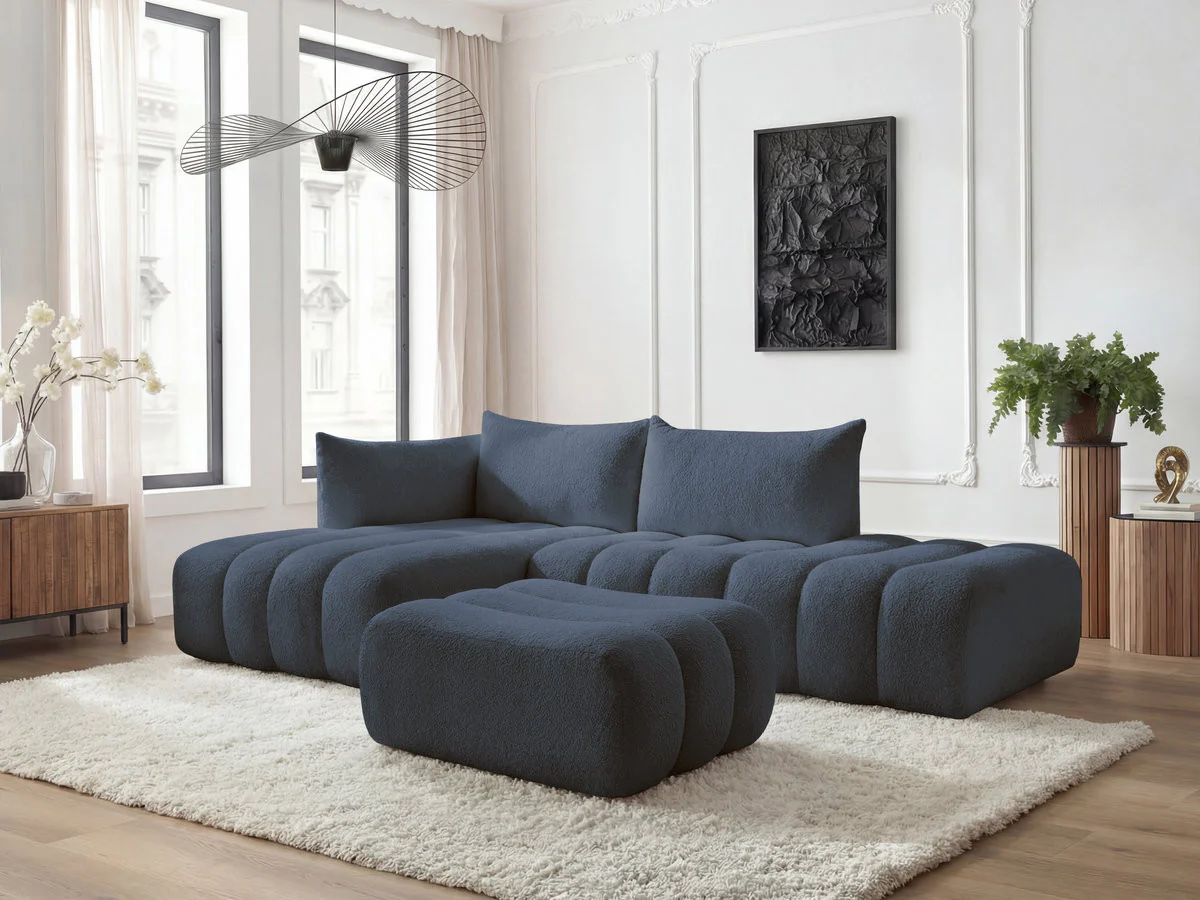 Canapé d'angle fixe modulable AZRA tissu bouclette avec pouf - Image 14