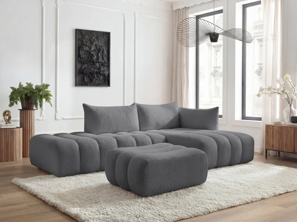 Canapé d'angle fixe modulable AZRA tissu bouclette avec pouf - Image 17