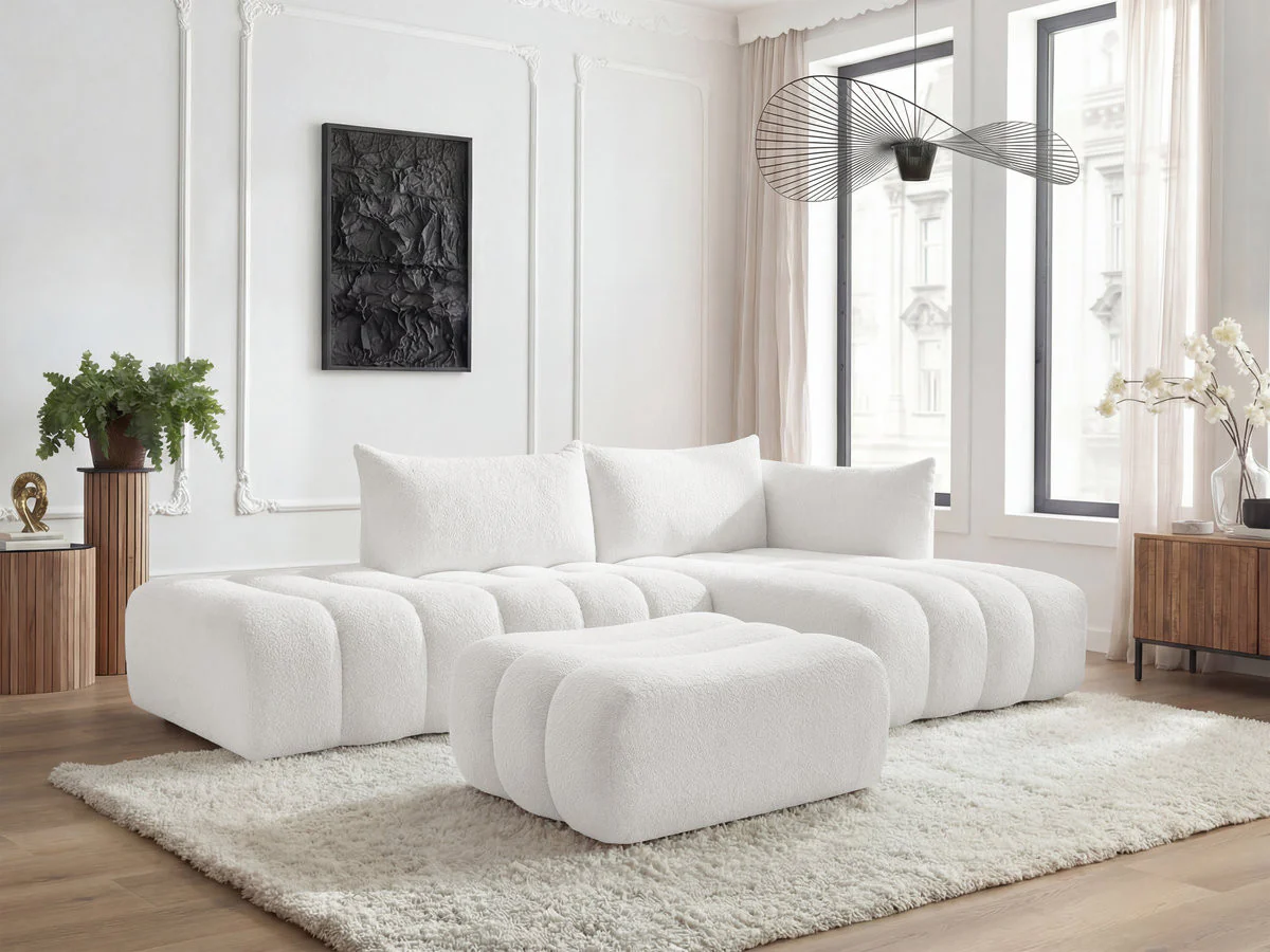 Canapé d'angle fixe modulable AZRA tissu bouclette avec pouf - Image 2