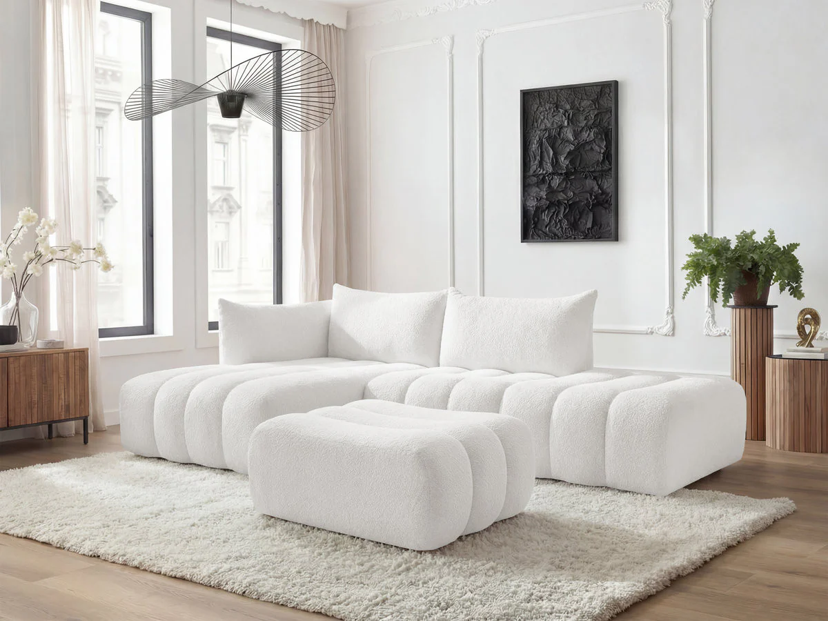 Canapé d'angle fixe modulable AZRA tissu bouclette avec pouf - Image 21