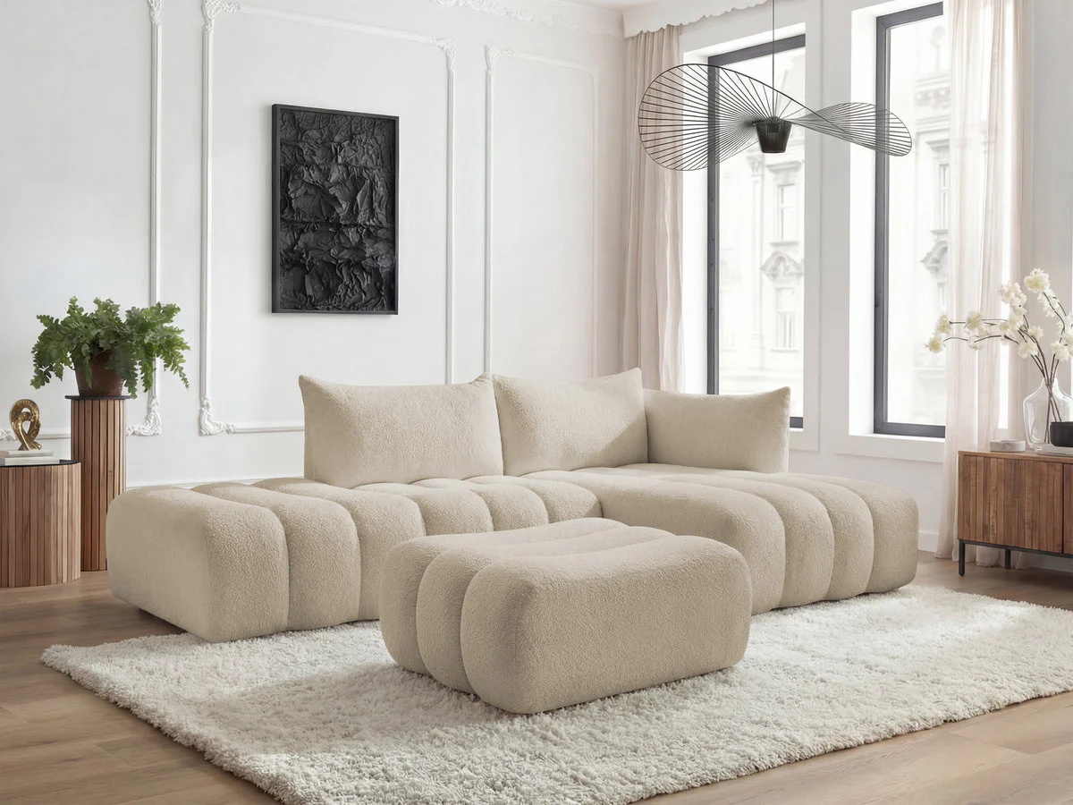 Canapé d'angle fixe modulable AZRA tissu bouclette avec pouf - Image 22