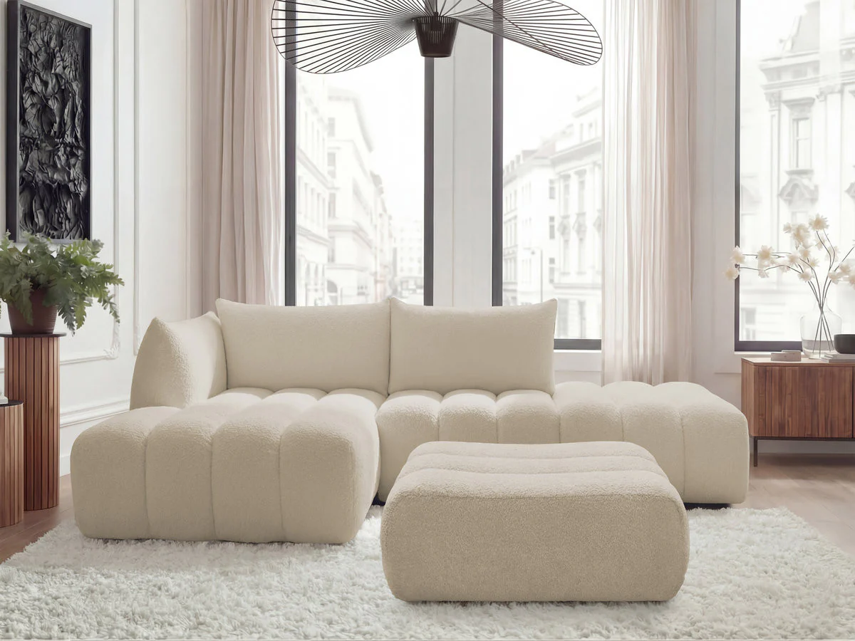 Canapé d'angle fixe modulable AZRA tissu bouclette avec pouf - Image 23